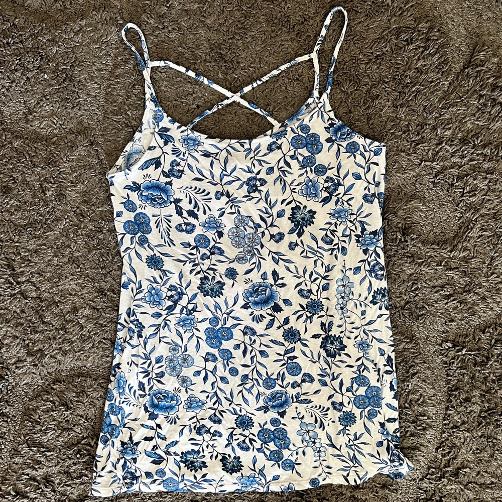 H&M Divided Blue and White Floral Spaghetti Strap Tank Top Size 8